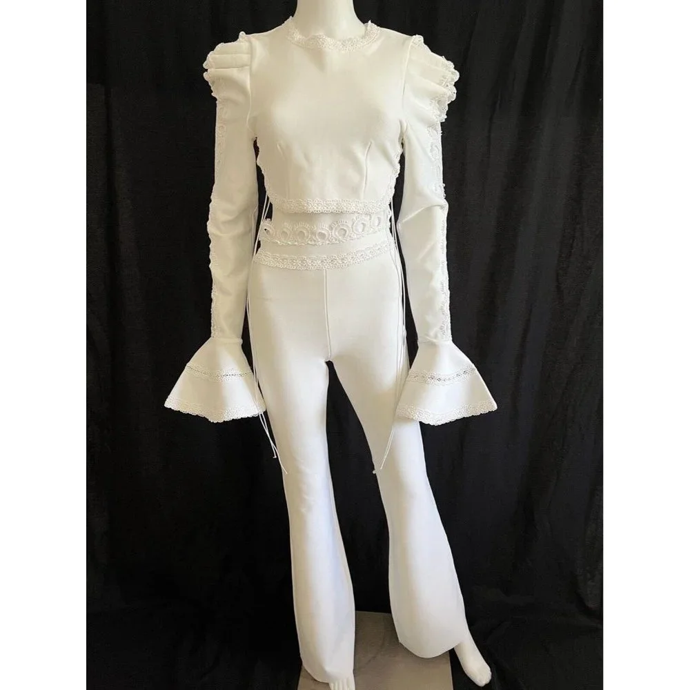 Women's Suit Matching Set 2 Pieces White Top + Flare Pants M - Picture 3 of 12
